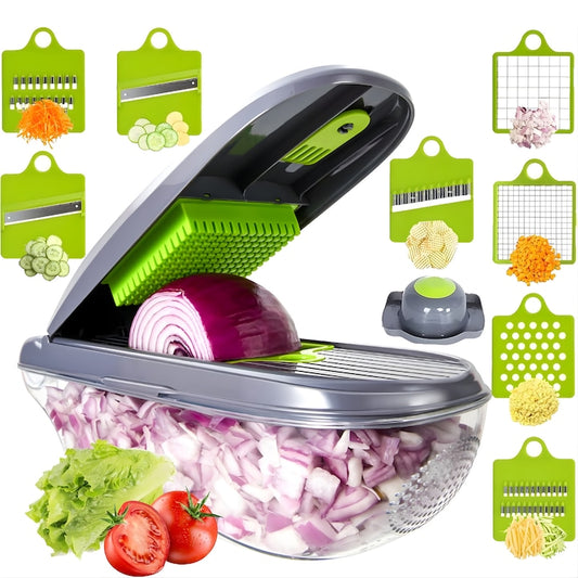 Tocator multifunctional legume MACVI 12 in 1, 8 lame interschimbabile din otel inoxidabil, recipient 1, 5 L, pentru feliere, taiere cuburi