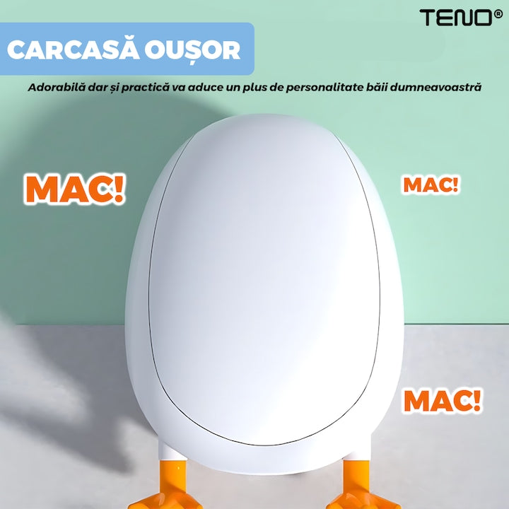 Perie pentru Toaleta Ratusca Teno®, din silicon, model adorabil, carcasa ou, suport adeziv montabil pe orice suprafata, 2 capete, capat cioc din silicon, capat cu peri pentru pete, albastru