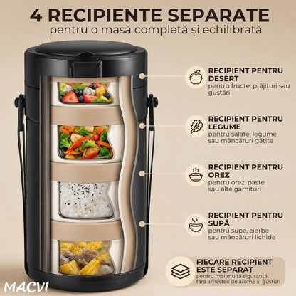 Caserola termica Macvi® 2.9L, Inox 304 alimentar, 4 compartimente separate, etansa, izolatie termica, mentine alimentele calde si reci 4-12 ore, fara BPA, pentru birou, scoala, picnic, camping, Negru