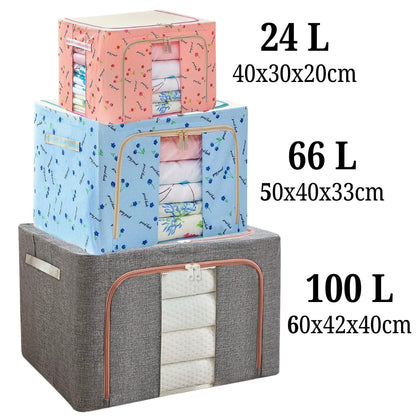 Cutie depozitare Macvi® 24L pliabila din material textil cu fermoar si fereastra transparenta cu cadru metalic pentru organizare eficienta, organizator pentru haine si articole casnice