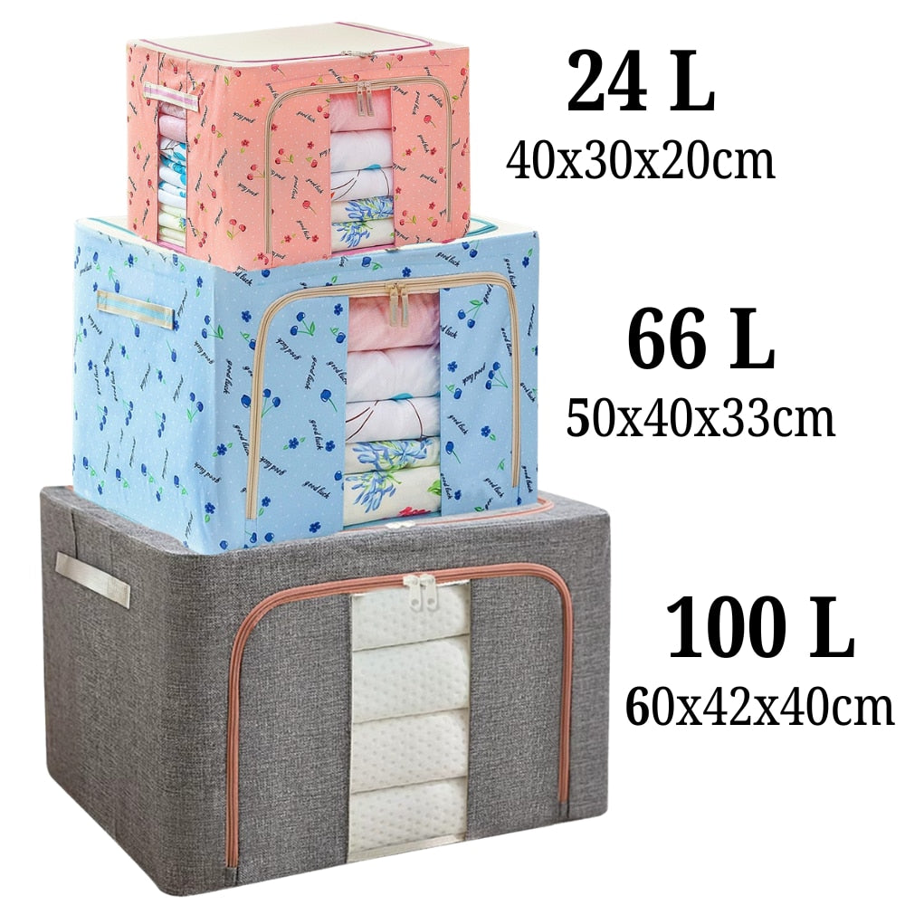 Organizator depozitare Macvi® 100 litri, cutie textila pliabila cu capac si fermoar, panou transparent pentru vizualizare si cadru metalic robust, ideala pentru haine voluminoase si depozitare