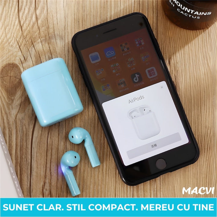 Casti wireless Macvi® Freepods i18, Bluetooth 5.0, Touch Control, HiFi Sound, albastru