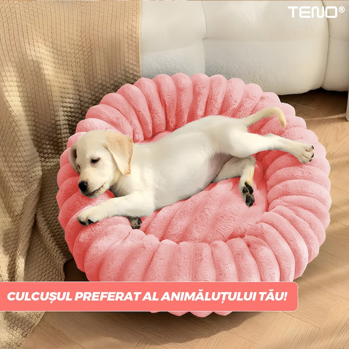 Pat Animale Teno®, captusit, moale, pufos si calduros, pentru caini si pisici, diametru 60 cm, baza anti-alunecare, design dungat, roz