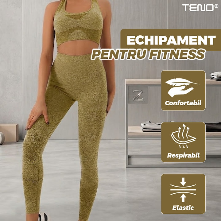Set Costum Fitness din 2 Piese Teno®, colanti si bustiera, material respirabil, uscare rapida, elasticitate ridicata, one-size, galben