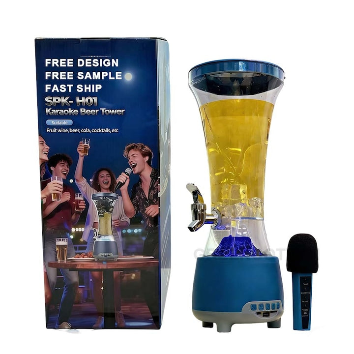 Dozator de Bauturi 3 in 1 Macvi®, 1.5L, Boxa Bluetooth 5.0, Sistem Karaoke cu Microfon, Lumini LED RGB, Robinet Integrat, Transparent, pentru Petreceri