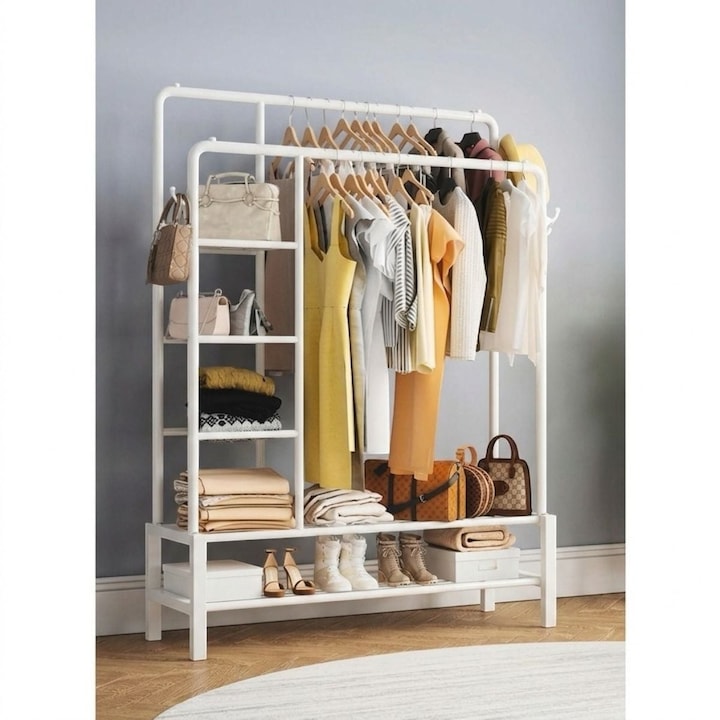 Cuier pentru Haine Macvi®, Suport Haine XXL 160 x 160 cm, Structura Metalica Ranforsata, Rafturi pentru Pantofi si Depozitare, Alb