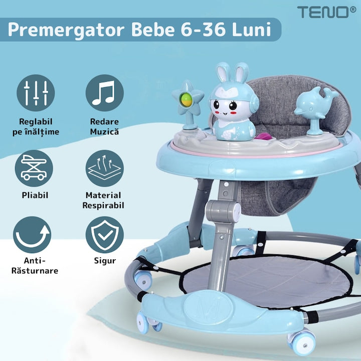 Premergator Multifunctional pentru Bebelusi Teno®, tava cu 3 jucarii, muzica, reglabil, pliabil, greutate max 20kg, 6-36 luni, albastru
