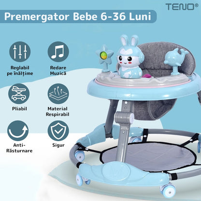 Premergator Multifunctional pentru Bebelusi Teno®, tava cu 3 jucarii, muzica, reglabil, pliabil, greutate max 20kg, 6-36 luni, albastru