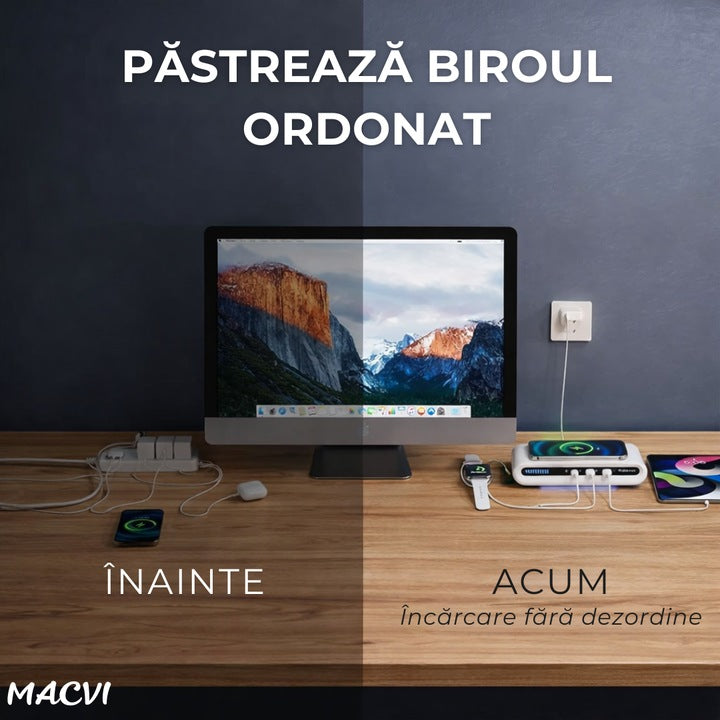 Incarcator fara fir Macvi® 4 in 1 cu conectare USB-C si 2 sloturi USB
