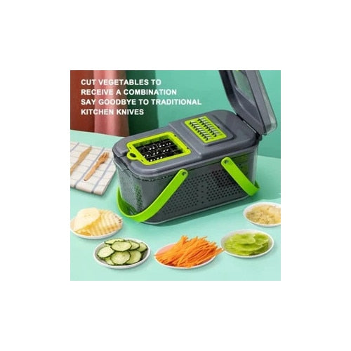 Razatoare multifunctionala Macvi® profesionala 22 piese cu lame inox si recipient colector tocator feliator pentru legume fructe si branzeturi gri verde