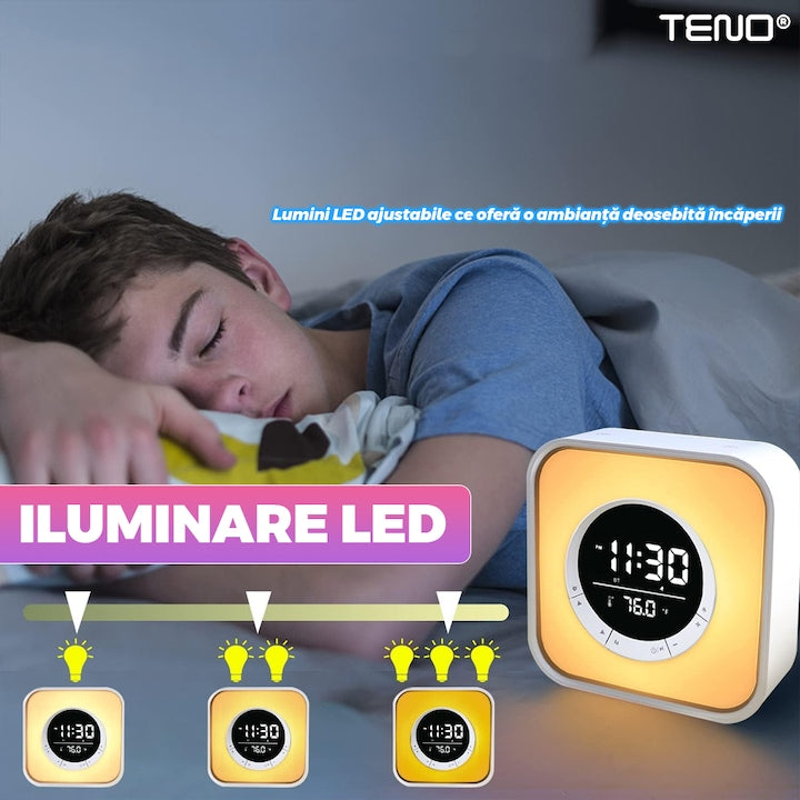 Ceas Desteptator Multifunctional Teno®, Bluetooth, functie de alarma, functie de radio, afisaj temperatura, lumini RGB, autonomie ridicata, patrat