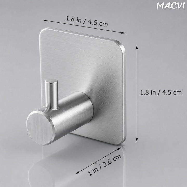 Set 4 cuiere de perete Macvi® din otel inoxidabil, montaj fara gaurire, 4 argintii, rezistente la umiditate, pentru baie si hol