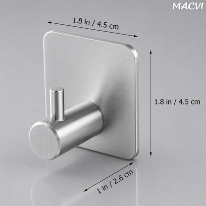 Set 4 cuiere de perete Macvi® din otel inoxidabil, montaj fara gaurire, 4 argintii, rezistente la umiditate, pentru baie si hol