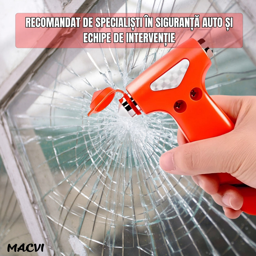 Ciocan de urgenta auto Macvi® 3 in 1, ABS rezistent, cu cutter pentru centura de siguranta si cap metalic pentru spart geamuri