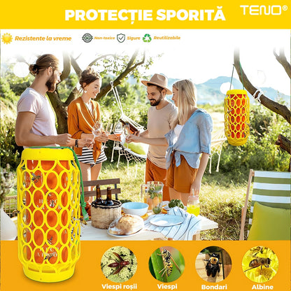 Set 2 capcane Macvi® pentru viespi, cu lipici anti-insecte, 8 foi lipicioase incluse, montare rapida, suport pentru momeala, galben
