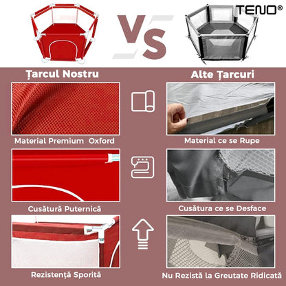Tarc/Loc de Joaca pentru Copii Teno®, usa cu fermoar exterior, plasa, materiale calitative, usor de montat, dimensiuni 125x110x65.5, rosu