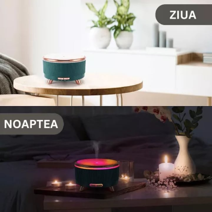 Difuzor Aromaterapie Macvi® 500 ml Umidificator Aer Ultrasonic 7 Culori LED, Timer 1 -3 -6 h, Model Marmura Verde Inchis