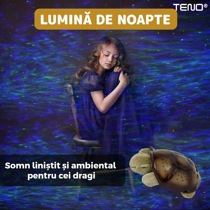 Lampa de Veghe Testoasa Teno®, proiector de lumini, 8 constelatii, lumina RBG, 2 cantece de adormit copiii, pufoasa si moale, mod inchidere automata, galben/verde