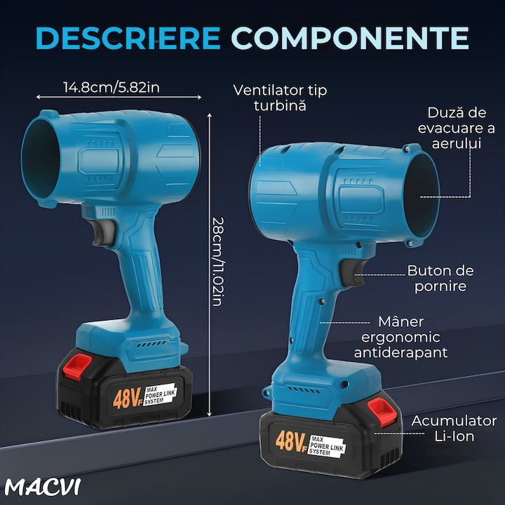 Set Multifunctional 6 in 1 Macvi 48V, Motocoasa, Mini Drujba, Foarfeca Gard Viu, Foarfeca Gazon, Foarfeca Electrica, Suflanta Frunze, Tija Telescopica, 2 Acumulatori Li-Ion, Motor Brushless