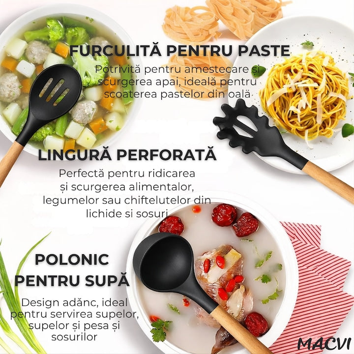 Set Ustensile Bucatarie Macvi® 19 Piese Silicon Termorezistent si Bambus, Cutite Inox, Suport Organizator Compact, Design Negru Elegant