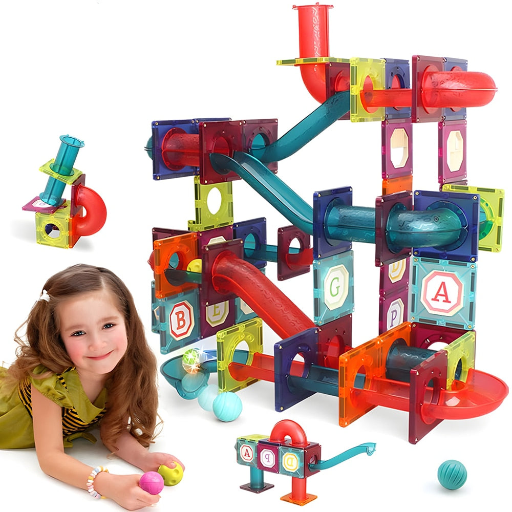 Set Inteligent si Creativ Magnetic 3D Teno®, 125 Piese, traseu cu bile, creativ, numeroase posibilitati de construit, dezvoltarea abilitatilor motrice si a imaginatiei, multicolor