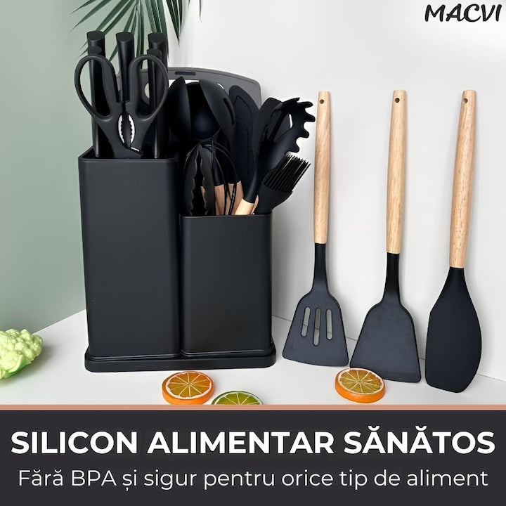 Set Ustensile Bucatarie Macvi® 19 Piese Silicon Termorezistent si Bambus, Cutite Inox, Suport Organizator Compact, Design Negru Elegant