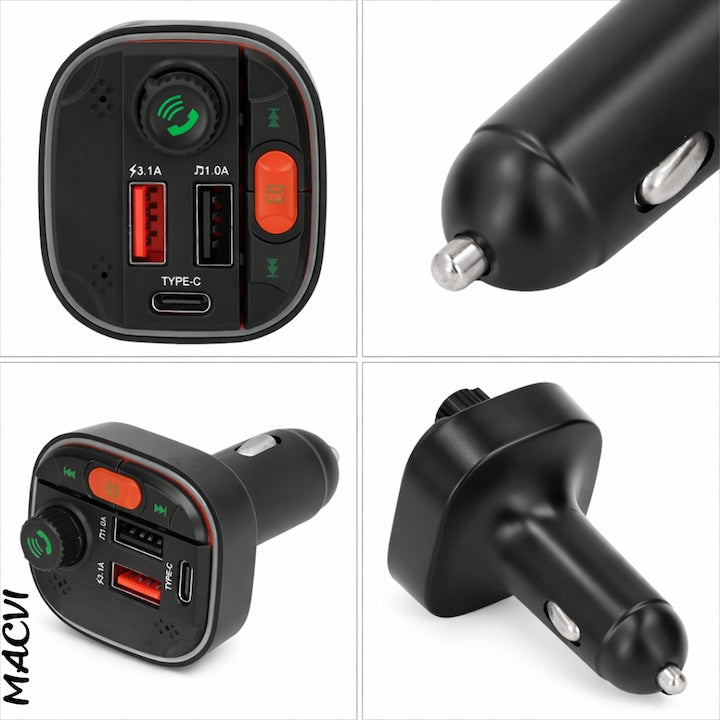 Modulator FM Bluetooth 5.0 Macvi® cu Incarcare Rapida QC 3.0 si PD 20W, 1x USB Tip C, 2x USB Tip A, Iluminare RGB, Negru