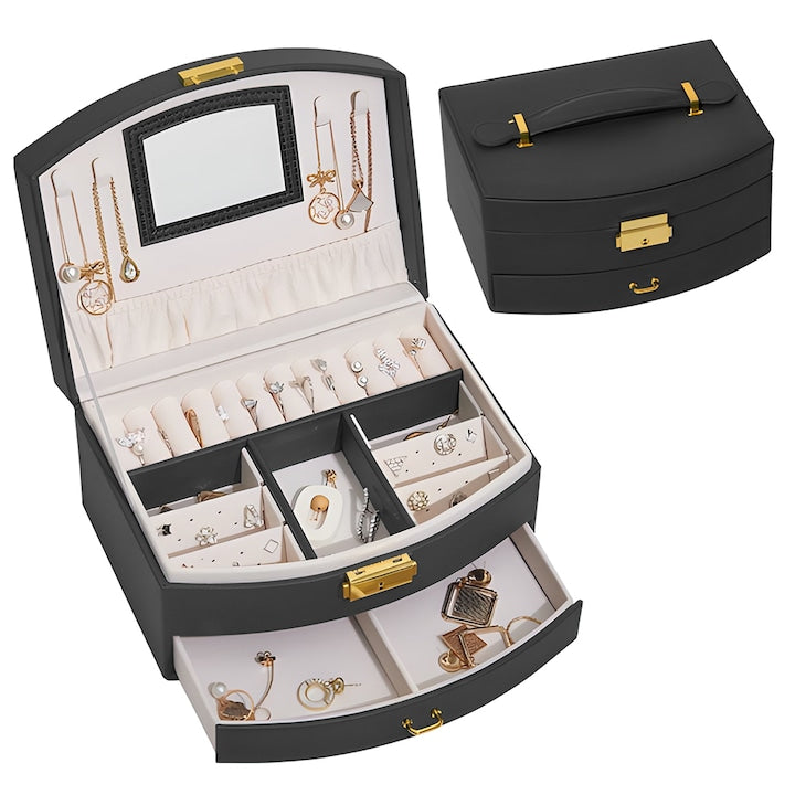 Cutie pentru Bijuterii Teno®, tip geanta, organizare si depozitare, 2 compartimente, captuseala fina, maner de prindere, compartimente inele, bratari, lantisoare, ceasuri, 20 x 12 x 9.7 cm, negru