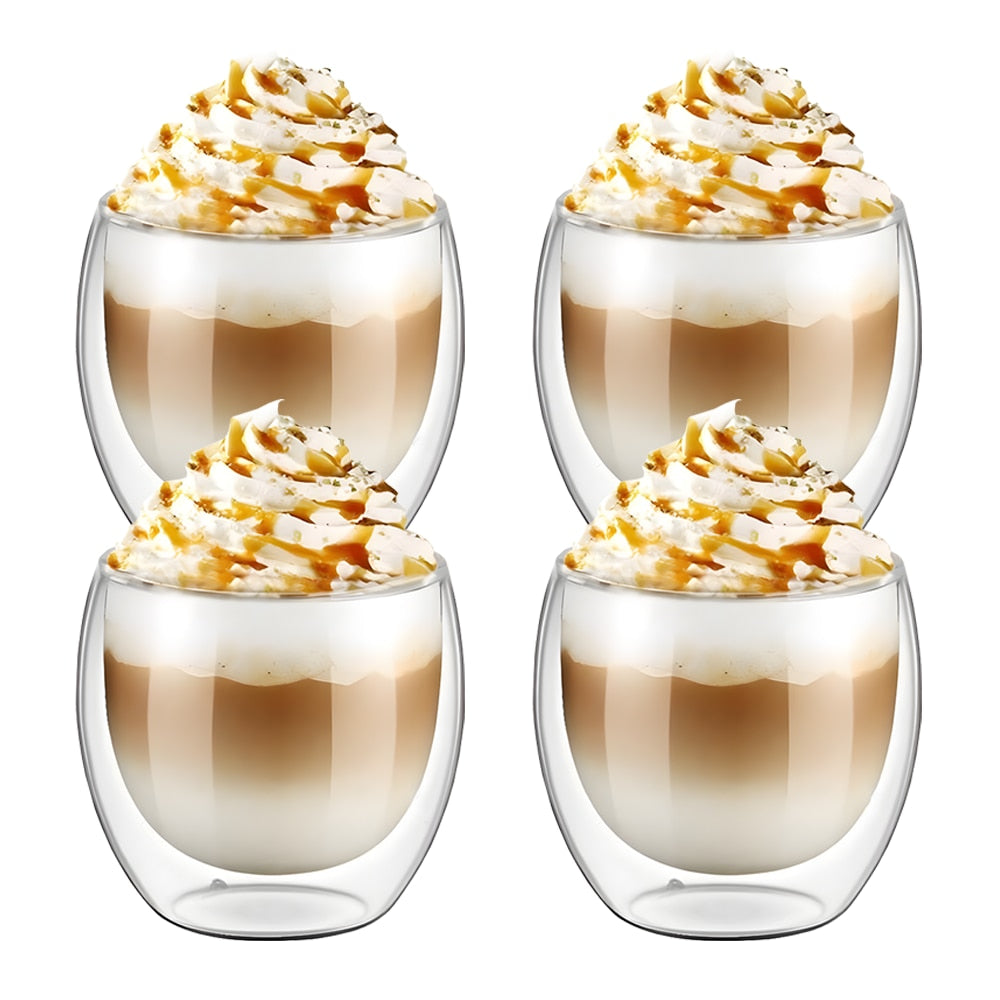Set 4 Pahare din Sticla cu Perete Dublu Teno®, termorezistente, design modern, capacitate 250 ml, 9 x 8 cm