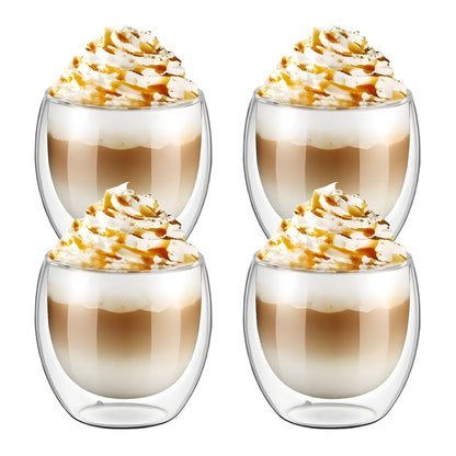 Set 4 Pahare din Sticla cu Perete Dublu Teno®, termorezistente, design modern, capacitate 250 ml, 9 x 8 cm