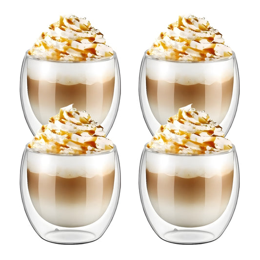 Set 4 Pahare din Sticla cu Perete Dublu Teno®, termorezistente, design modern, capacitate 250 ml, 9 x 8 cm