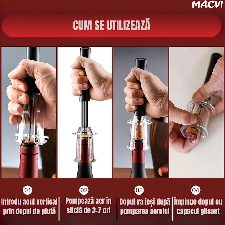 Set Deschizator de Sticle de Vin Macvi® 4 in 1, Tirbuson Profesional cu Taietor de Folie, Dop Vacuum si Picurator