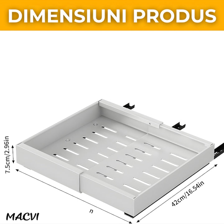 Organizator extensibil Macvi® pentru dulapuri, metal, sertar glisant, montare adeziva, capacitate mare, alb