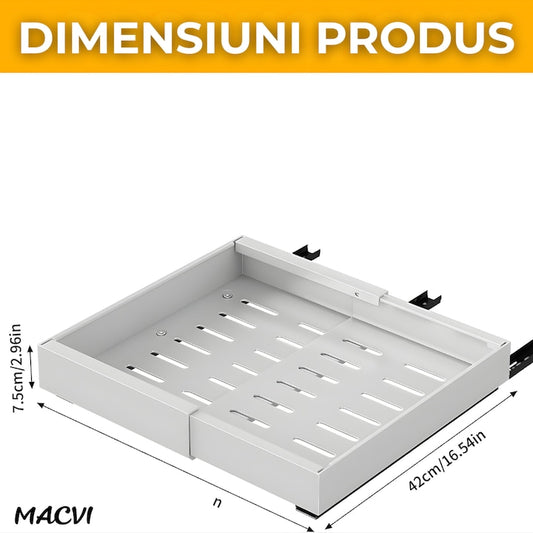 Organizator extensibil Macvi® pentru dulapuri, metal, sertar glisant, montare adeziva, capacitate mare, alb