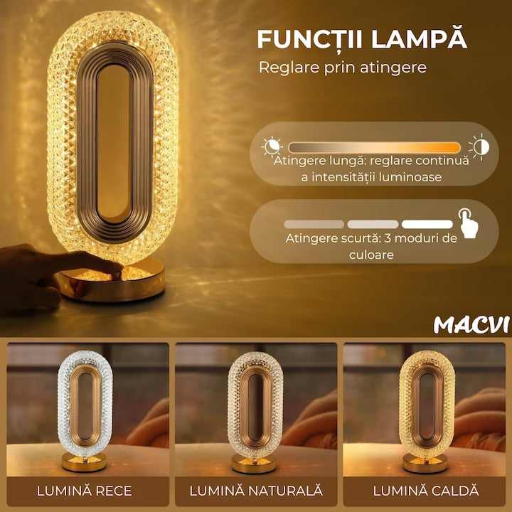 Lampa de masa Macvi® tip cristal eleganta, 3 culori, control touch, reincarcabila prin USB, acrilic modern