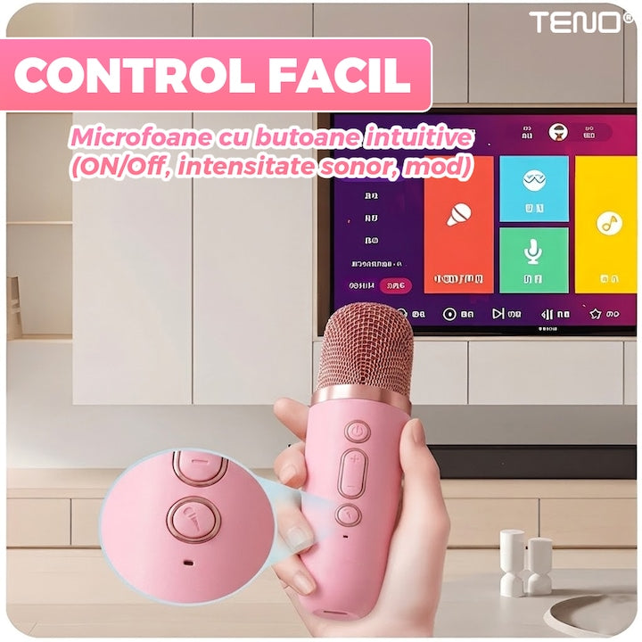 Boxa Portabila Teno®, karaoke, 2 microfoane, 4 porturi, wireless, RBG, Roz