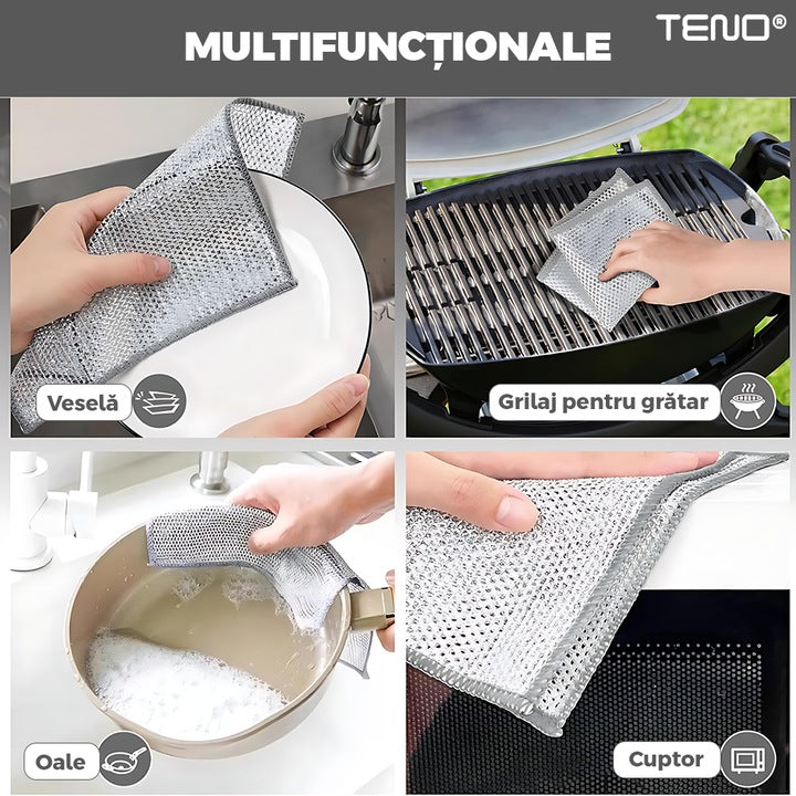 Set 5 Lavete Abrazive Teno®, tesatura cu sarma de otel, dublu strat, anti-aderente, curatare in profunzime, rezistente, 20 x 20 cm, gri