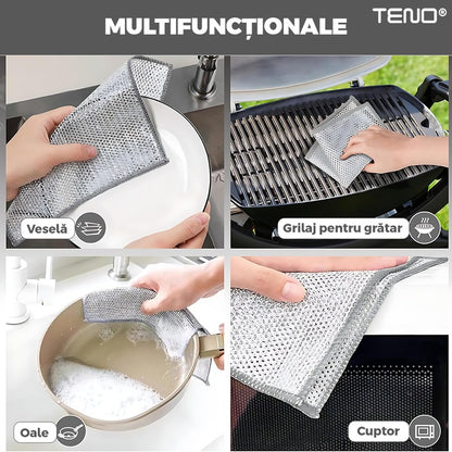 Set 5 Lavete Abrazive Teno®, tesatura cu sarma de otel, dublu strat, anti-aderente, curatare in profunzime, rezistente, 20 x 20 cm, gri