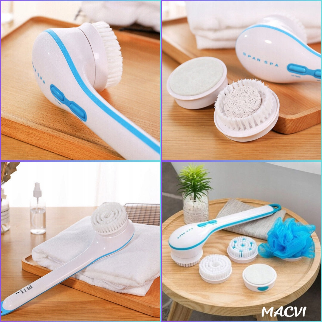 Perie baie rotativa Macvi®, electrica, pentru curatare, exfoliere si masaj, cu 5 capete interschimbabile si 2 trepte de viteza – o solutie completa pentru ingrijirea pielii si relaxarea zilnica