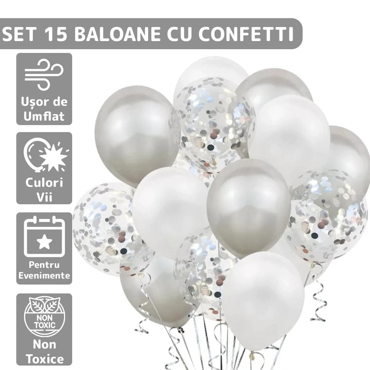 Set 15 Baloane Teno®, Confeti, pentru Petreceri/Aniversari/Evenimente, o singura dimensiune, 3 culori, latex, argintiu/alb/transparent