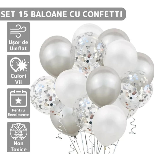 Set 15 Baloane Teno®, Confeti, pentru Petreceri/Aniversari/Evenimente, o singura dimensiune, 3 culori, latex, argintiu/alb/transparent