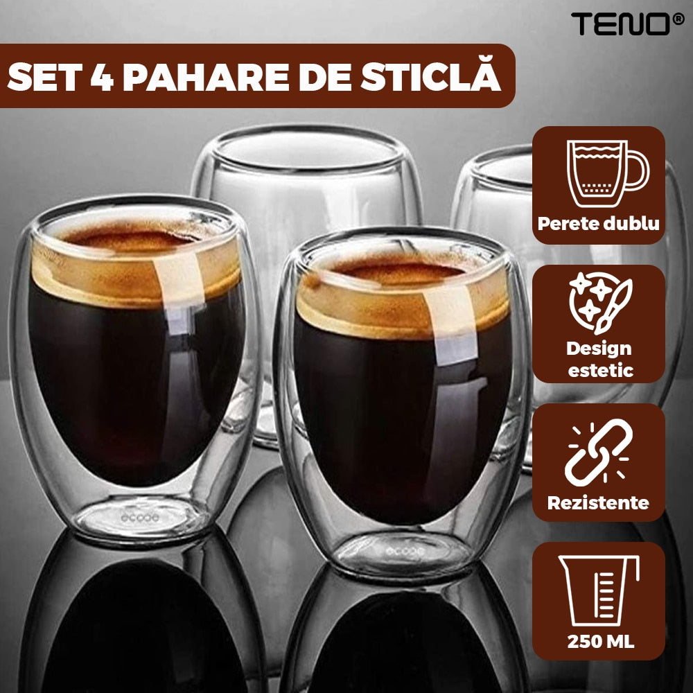 Set 4 Pahare din Sticla cu Perete Dublu Teno®, termorezistente, design modern, capacitate 250 ml, 9 x 8 cm