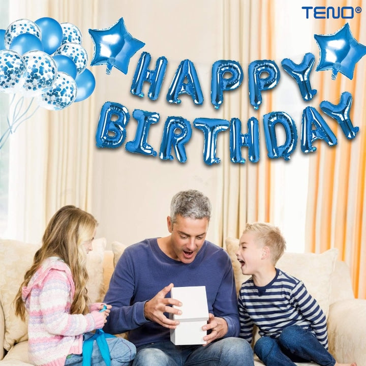 Set 25 Baloane Teno®, Litere, pentru Petreceri/Aniversari/Evenimente, confetti, stelute, model HAPPY BIRTHDAY, albastru
