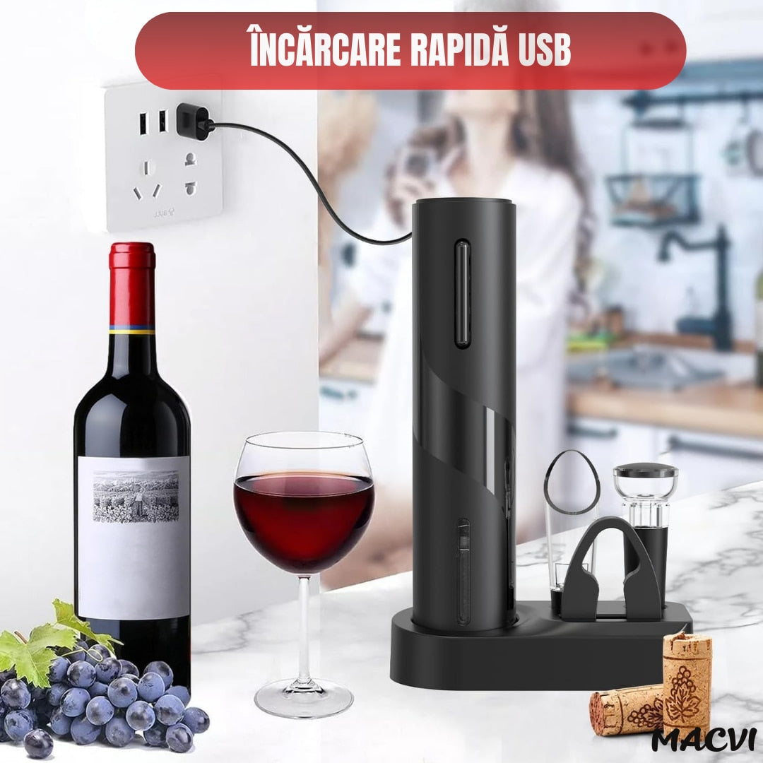 Set Electric Macvi® Deschizator de Vin 5-in-1, Cu baterii, Foil Cutter, Aerator, Dop Vacuum, Negru, Design Elegant si Portabil