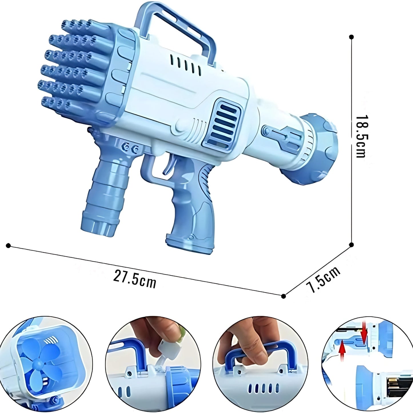 Pistol Baloane de Sapun Macvi® cu Lumini LED si Ventilator 32 Gauri Albastru