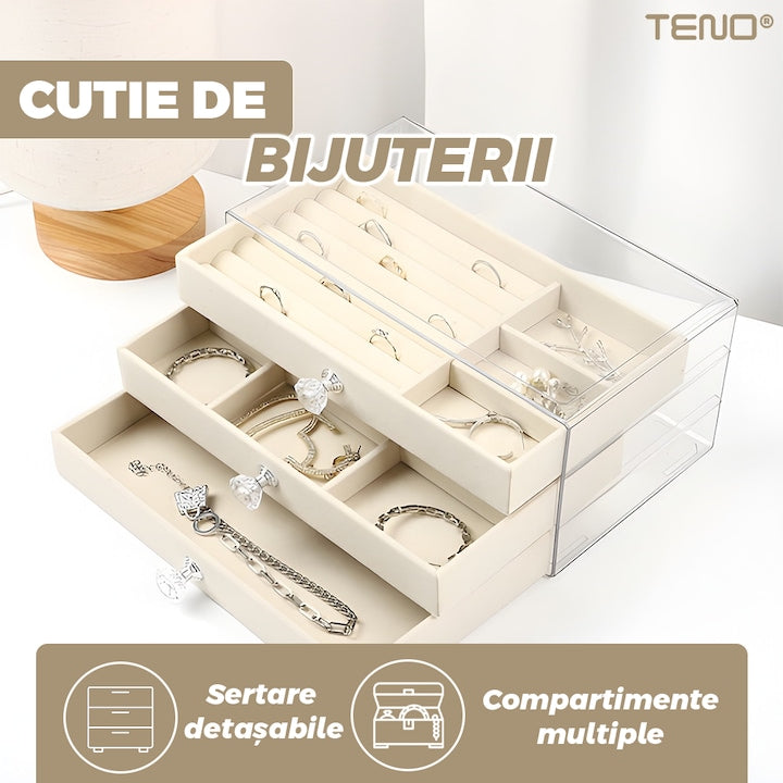 Cutie bijuterii Teno, 3 sertare detasabile, carcasa transparenta, bej, 23.5x13.5x10.5cm