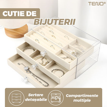 Cutie bijuterii Teno, 3 sertare detasabile, carcasa transparenta, bej, 23.5x13.5x10.5cm
