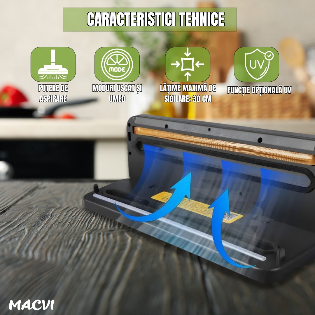 Aparat de vidat Macvi® cu taietor incorporat, sistem compact, mod uscat si umed pentru conservarea alimentelor
