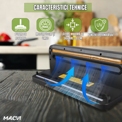 Aparat de vidat Macvi® cu taietor incorporat, sistem compact, mod uscat si umed pentru conservarea alimentelor