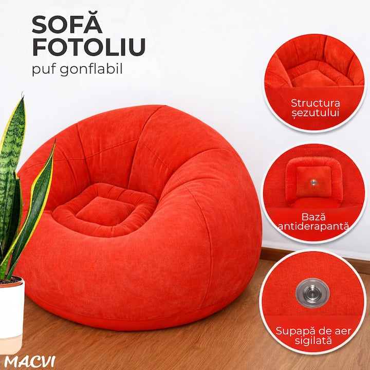 Fotoliu Gonflabil Macvi® Lazy Bag cu pompa inclusa, 110x110x85 cm, Confort Maxim, Portabila, pentru Interior si Exterior, Culoare Rosu